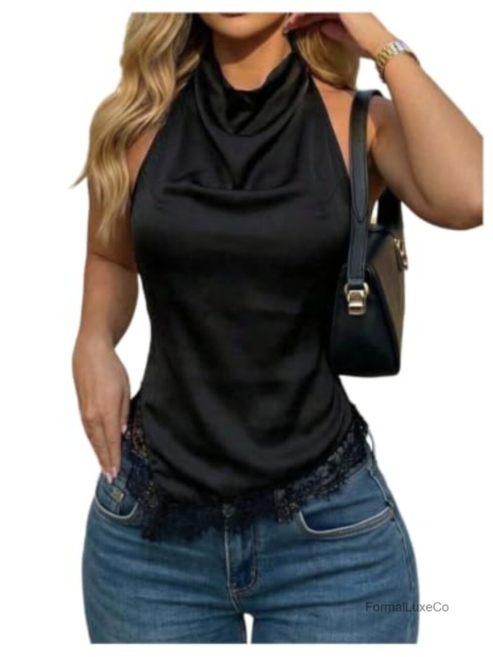 SweatyRocks Women's Satin Lace Halter Top Asymmetrical Backless Going Out Blouse